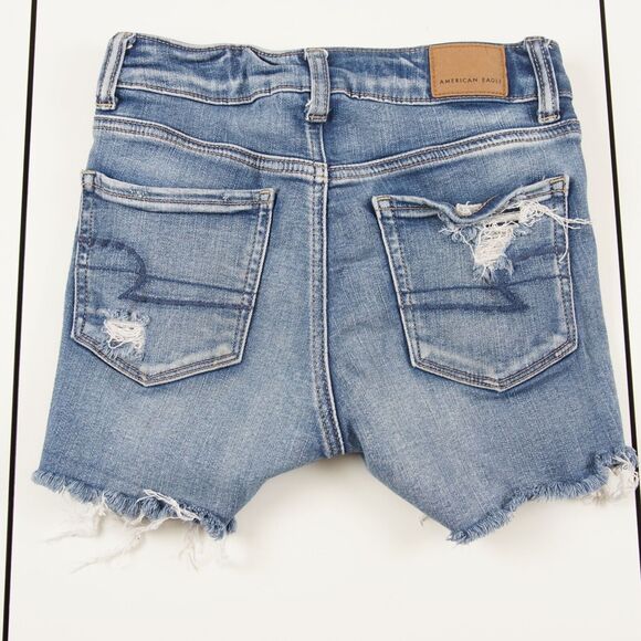 American Eagle Hi Rise Shortie Blue Distressed Ripped Denim Shorts Womens Sz 00 - Picture 2 of 9